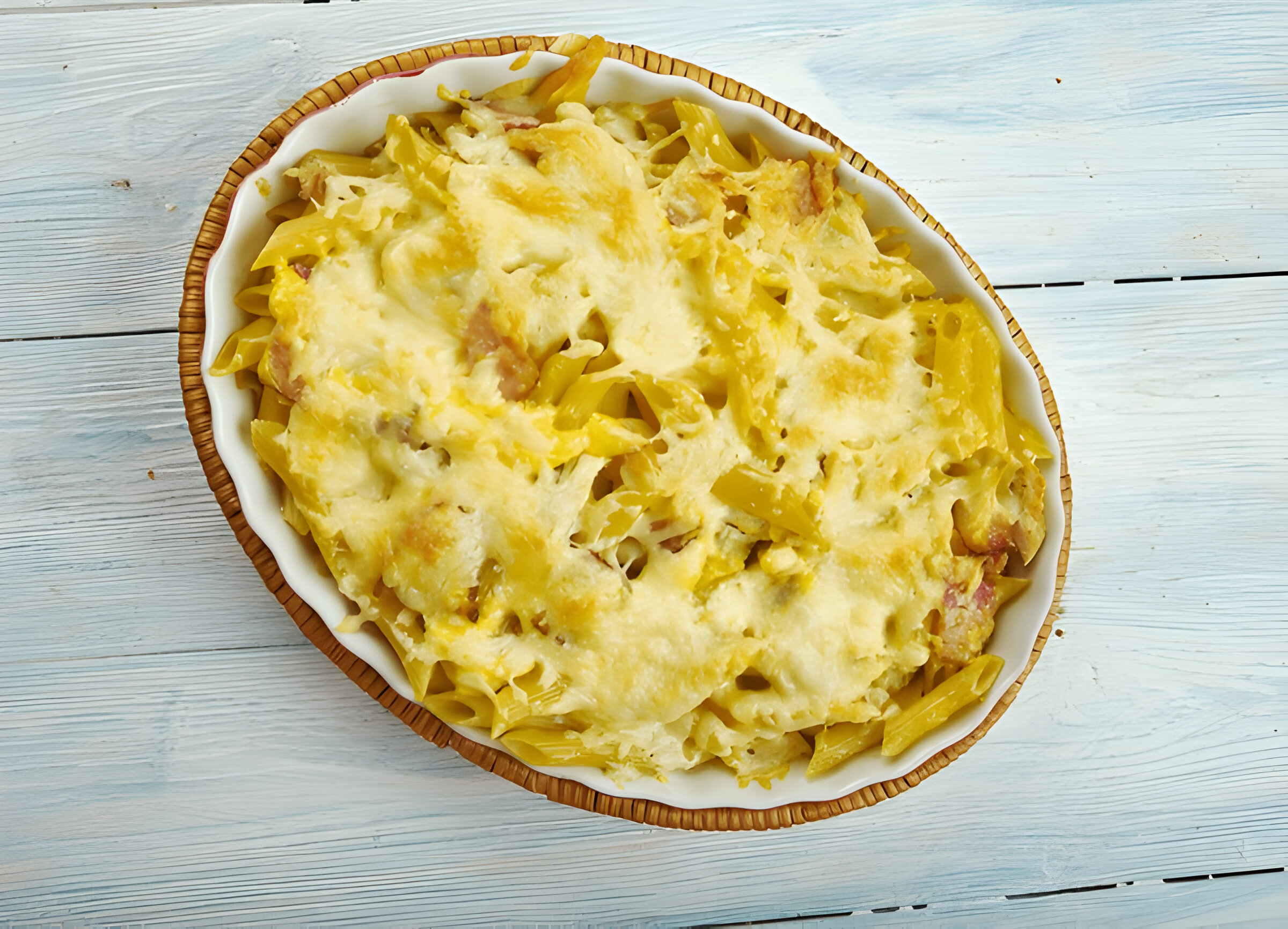 Baked pasta dish topped with melted cheese in an oval dish on a light wooden surface.