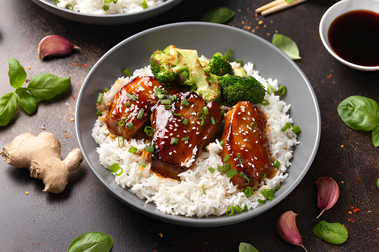 A bowl of rice topped with glazed chicken, broccoli, and garnished with green onions and sesame seeds, surrounded by garlic and ginger.