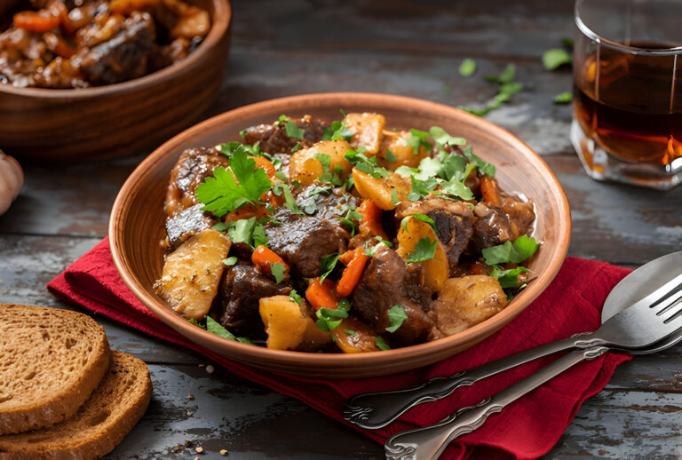 A bowl of hearty beef stew with vegetables, served with slices of brown bread on a red napkin.