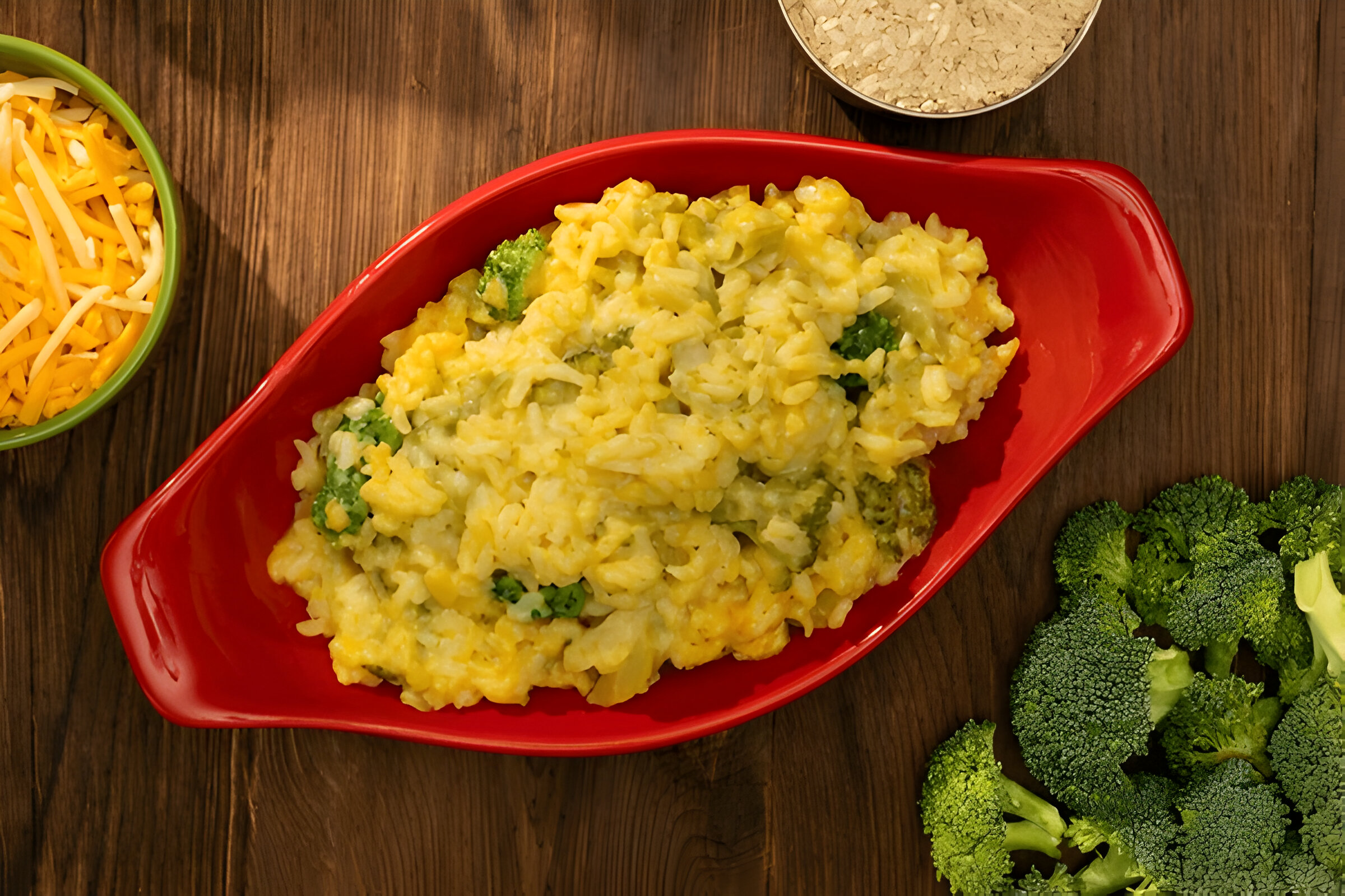 A vibrant red bowl filled with creamy rice mixed with broccoli and cheese, accompanied by fresh broccoli, shredded cheese, and rice in the background.