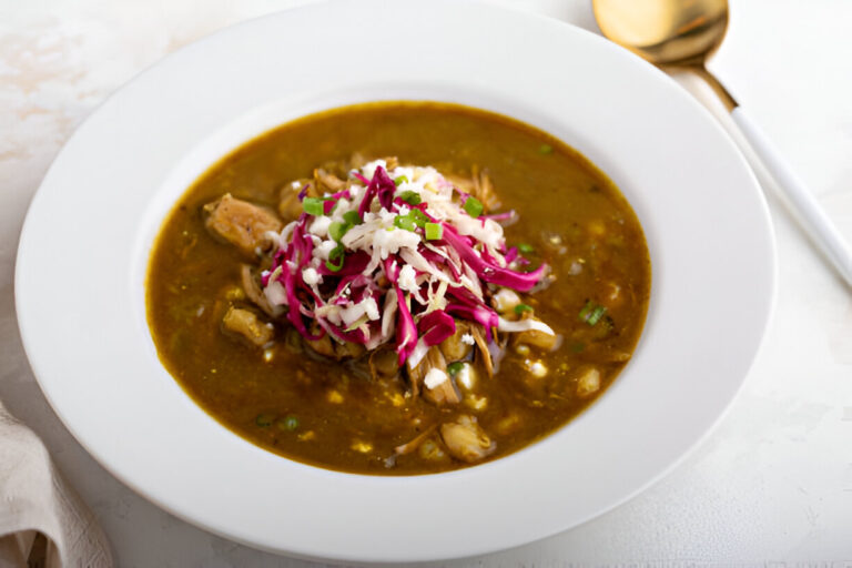 A bowl of savory soup topped with shredded cabbage, red cabbage, and green onions.