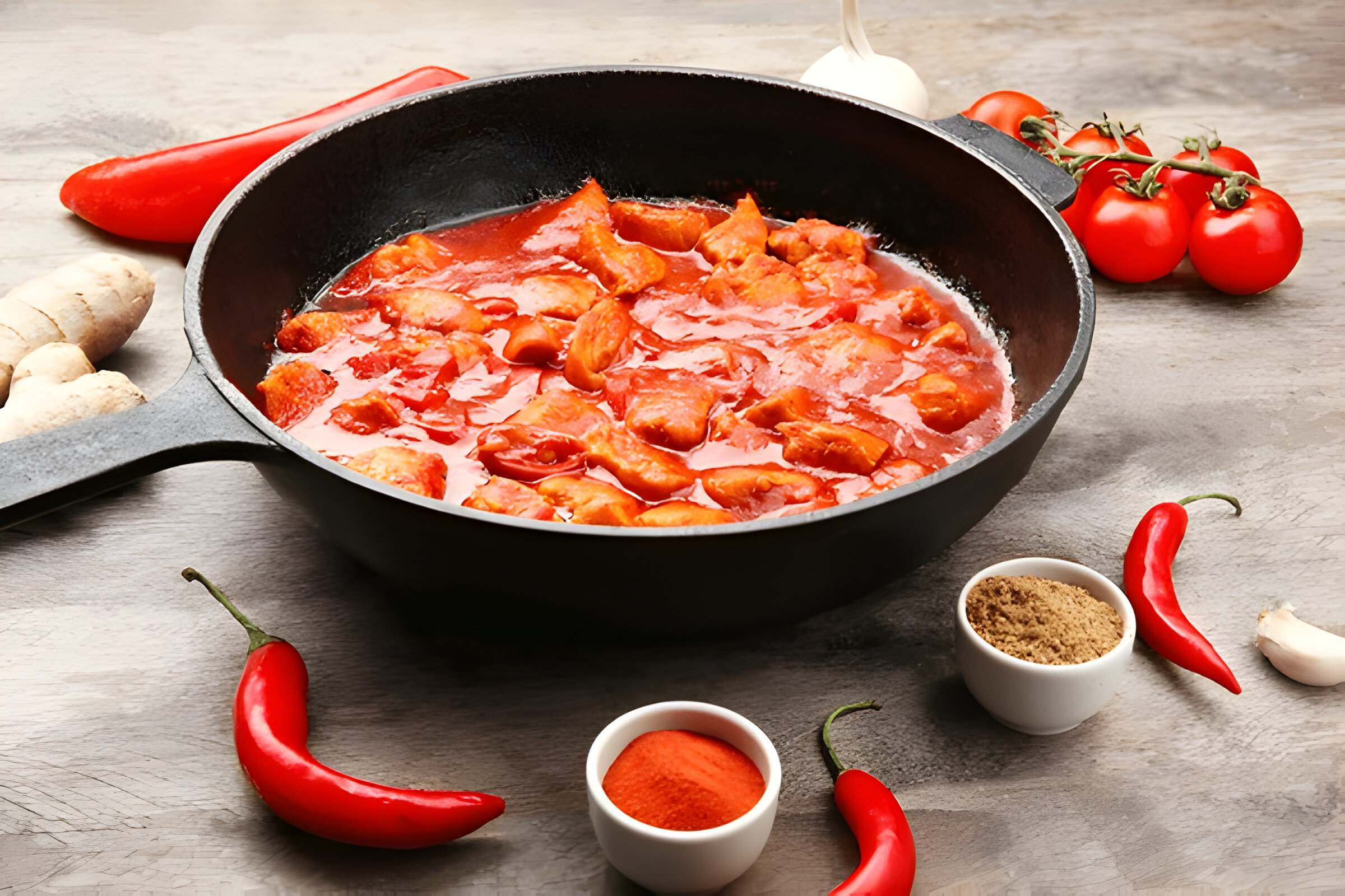 A cast iron skillet filled with chicken and tomato sauce, surrounded by fresh vegetables and spices.