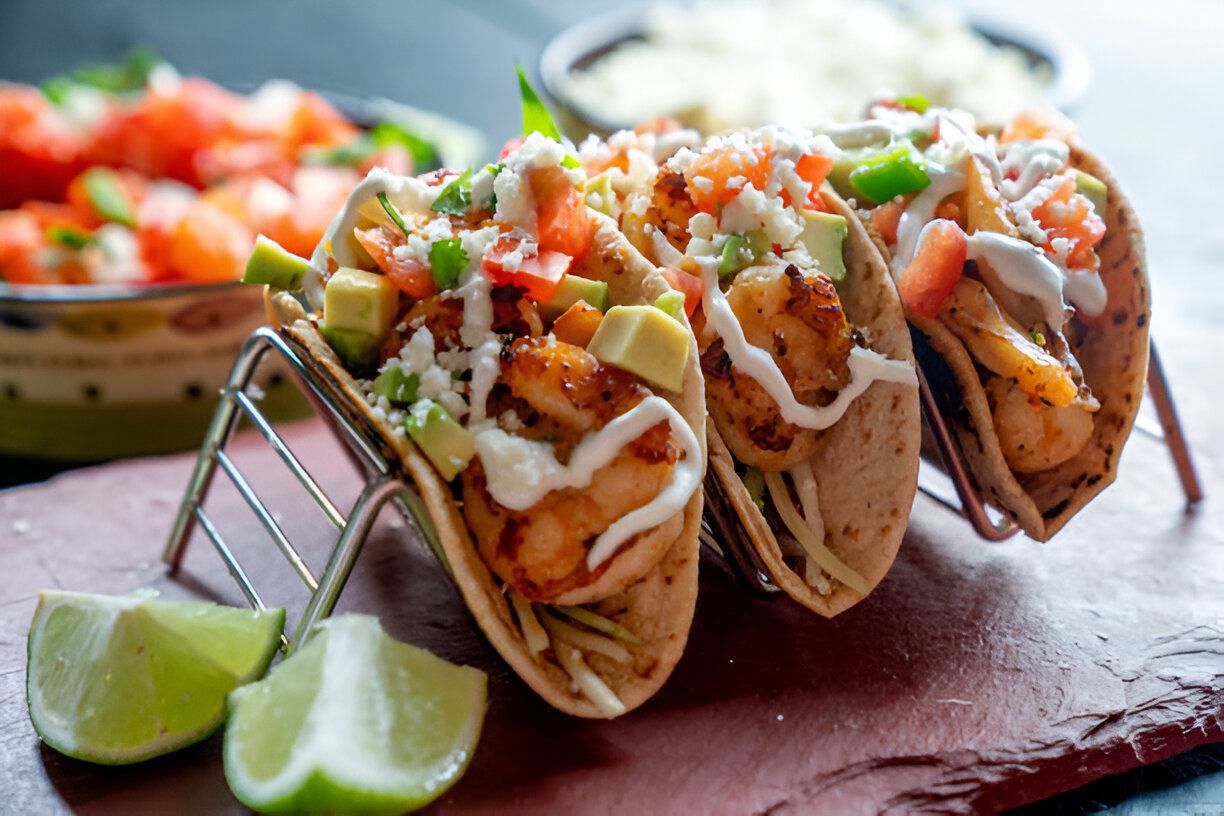 Three shrimp tacos topped with diced vegetables and sauce, served with lime wedges.