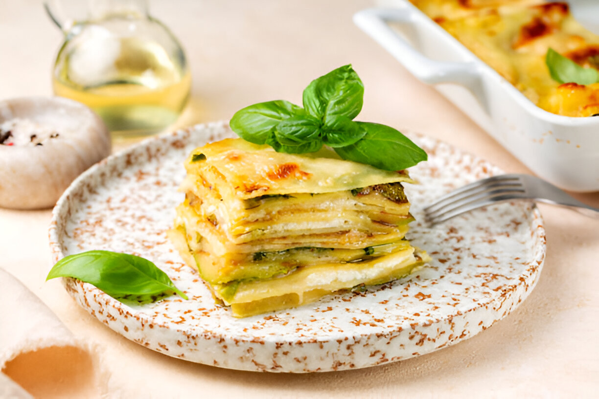 A slice of vegetable lasagna topped with fresh basil leaves on a speckled plate.