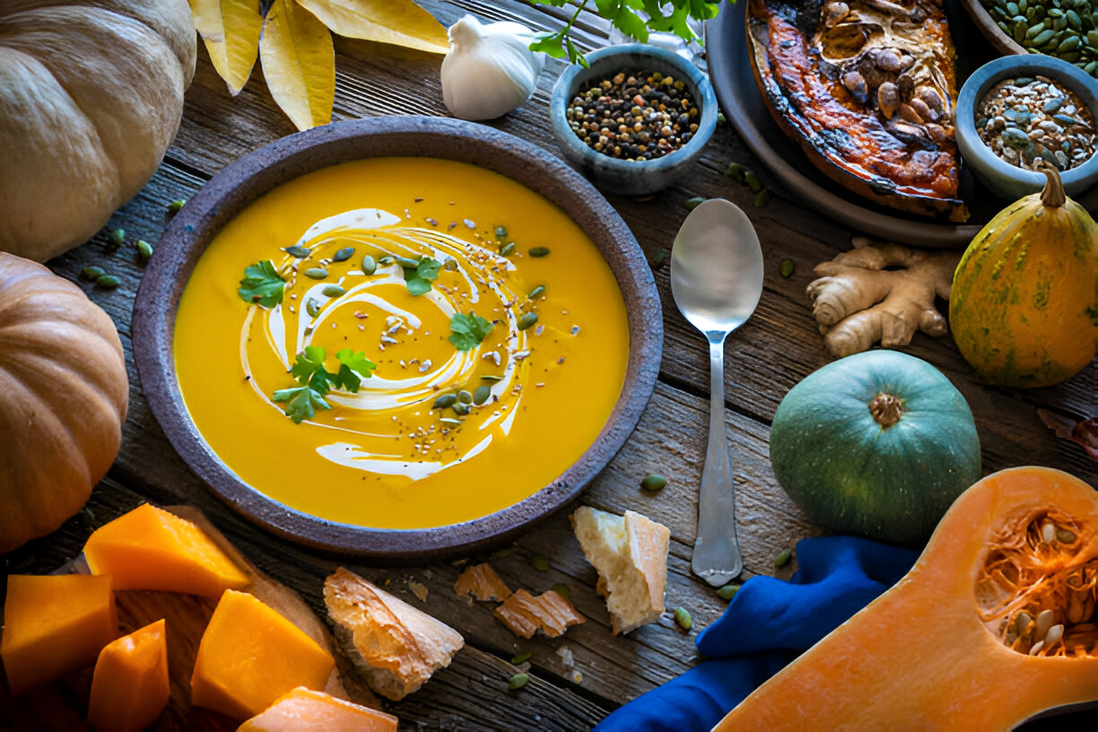 A bowl of creamy yellow soup garnished with green herbs and seeds, surrounded by various types of squash and bread on a wooden table.