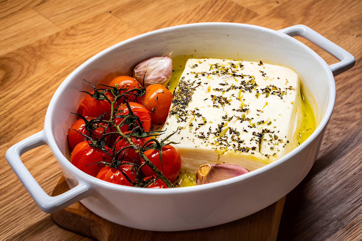 Baking dish with feta cheese, cherry tomatoes, garlic, and olive oil ready for the oven.