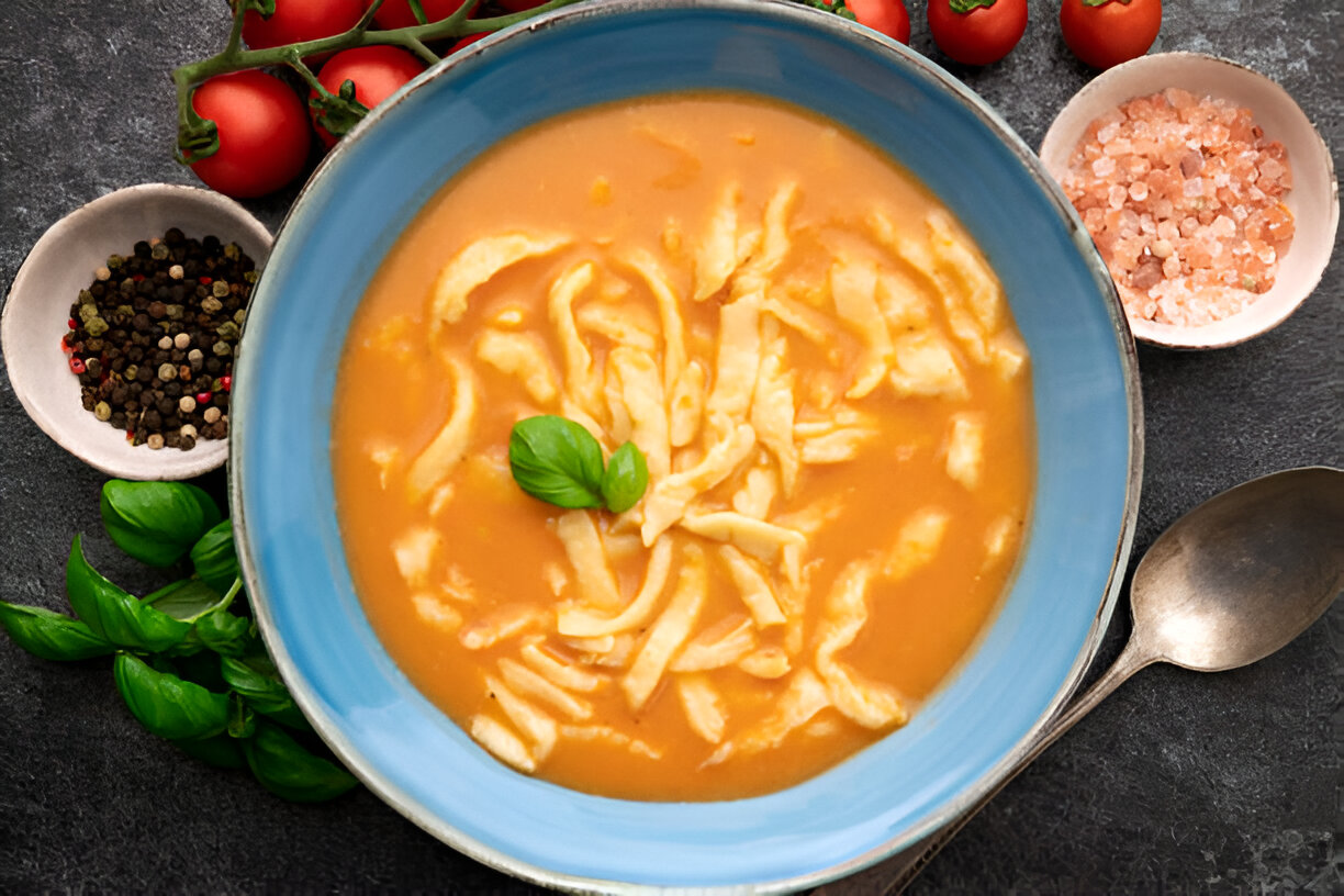 A bowl of soup with noodles, garnished with fresh basil leaves, surrounded by cherry tomatoes, spices, and a spoon.