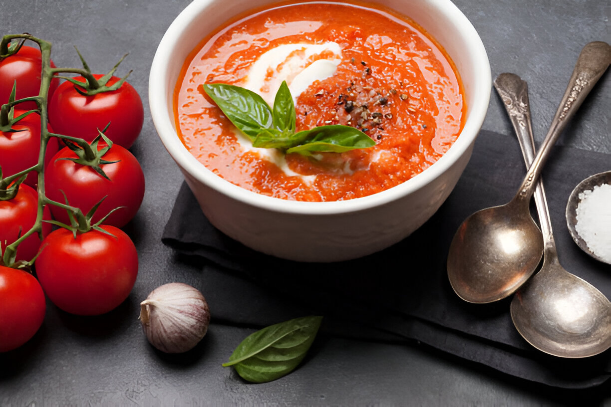 A bowl of creamy tomato soup garnished with basil leaves, surrounded by fresh tomatoes, garlic, and silver spoons.