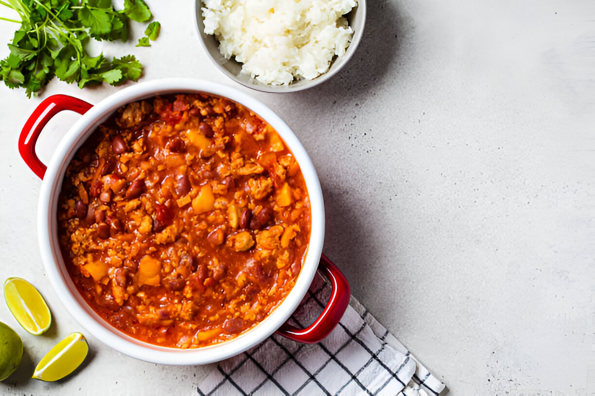 A pot of hearty chili with beans and meat, served with rice on the side and garnished with fresh cilantro and lime wedges.