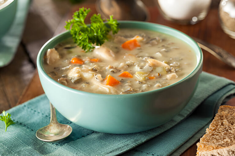 A bowl of creamy chicken and vegetable soup garnished with parsley, accompanied by a slice of bread on a teal napkin.