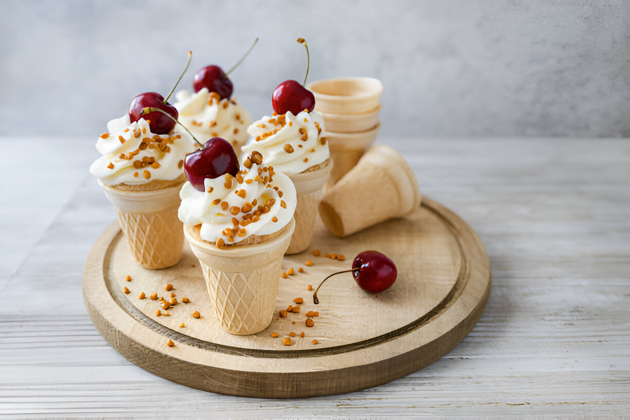 Four ice cream cones topped with whipped cream, sprinkles, and cherries, sitting on a wooden platter.