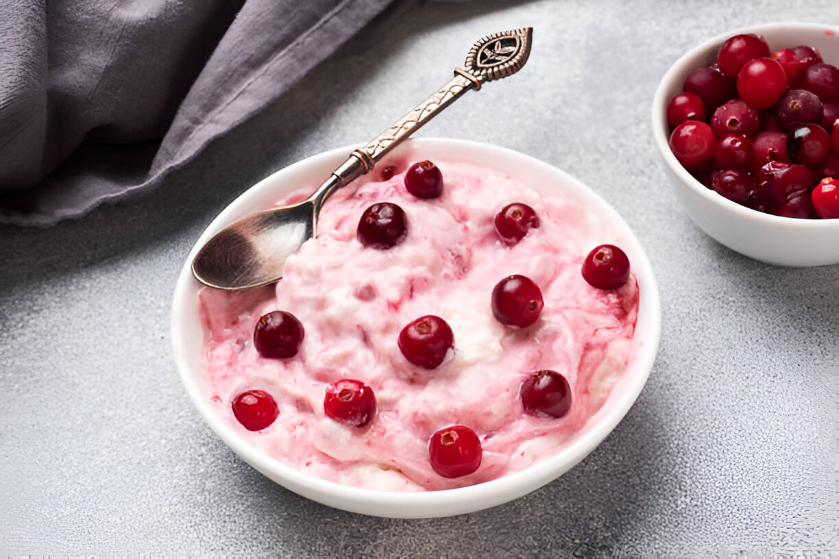 A bowl of creamy dessert topped with fresh cranberries and a spoon.