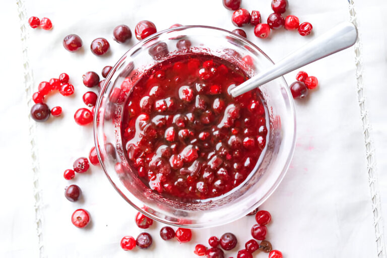 A bowl of cranberry sauce surrounded by fresh cranberries