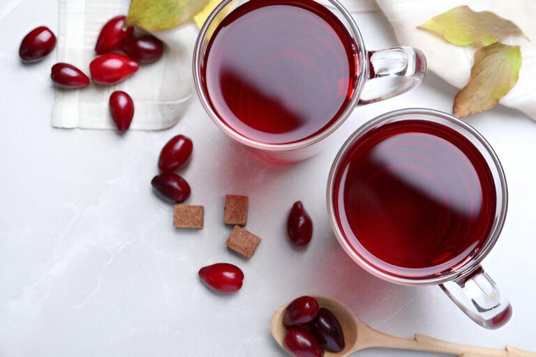 Two cups of cranberry tea on a marble surface with fresh cranberries and sugar cubes.