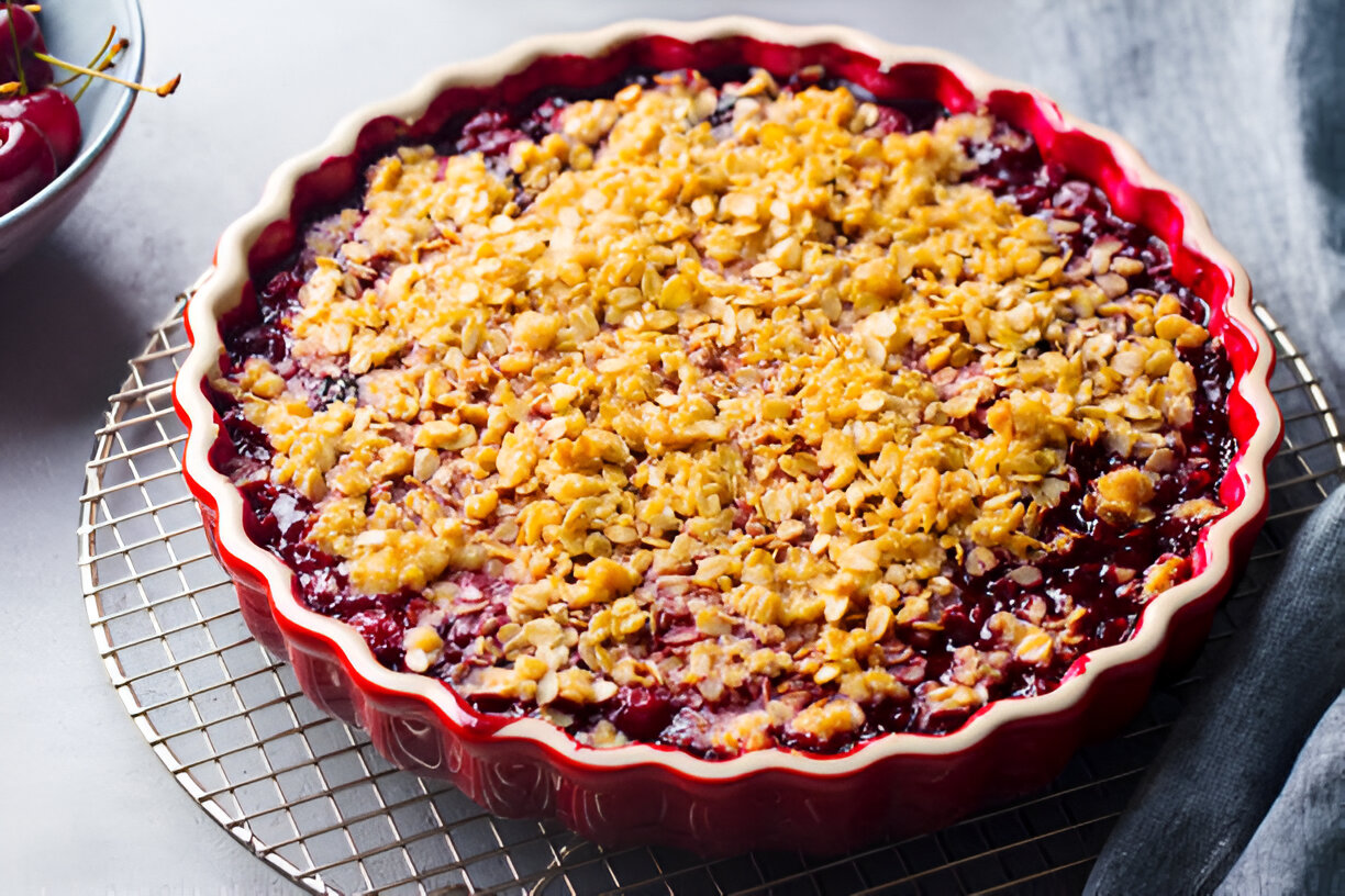 A freshly baked cherry crumble in a red pie dish on a cooling rack, with a bowl of cherries in the background.