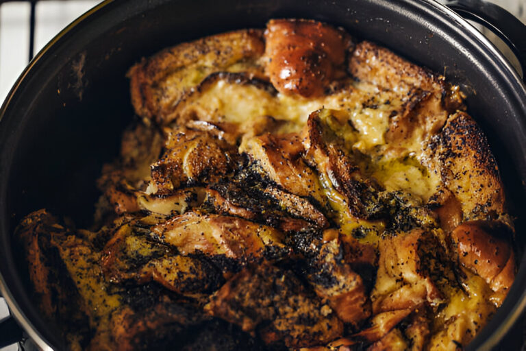 A close-up of a baked dish with crispy, golden-brown bread pieces and a slightly burnt top, resembling a bread pudding or casserole.