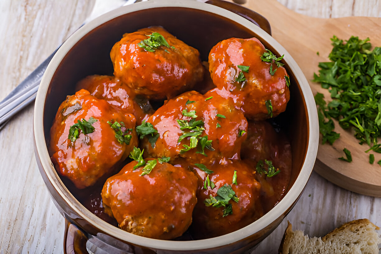 A bowl of meatballs covered in tomato sauce and garnished with fresh parsley, served with bread on a wooden surface.