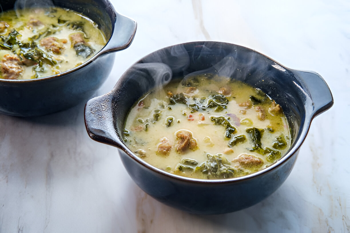 Two bowls of steaming soup with kale and meat floating on top, set against a light marble background.