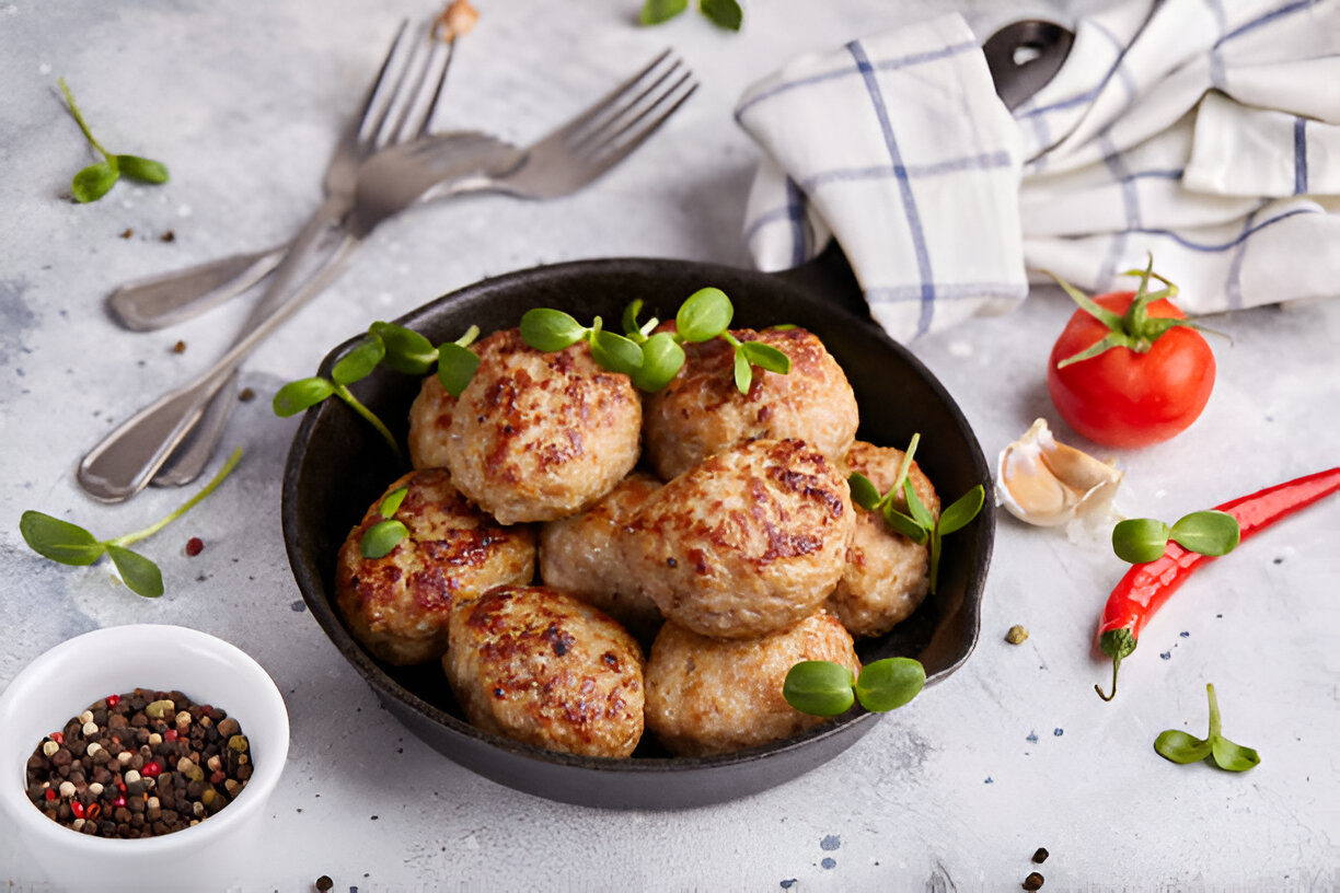 A close-up of cooked meatballs garnished with fresh greens in a cast iron skillet, surrounded by ingredients.