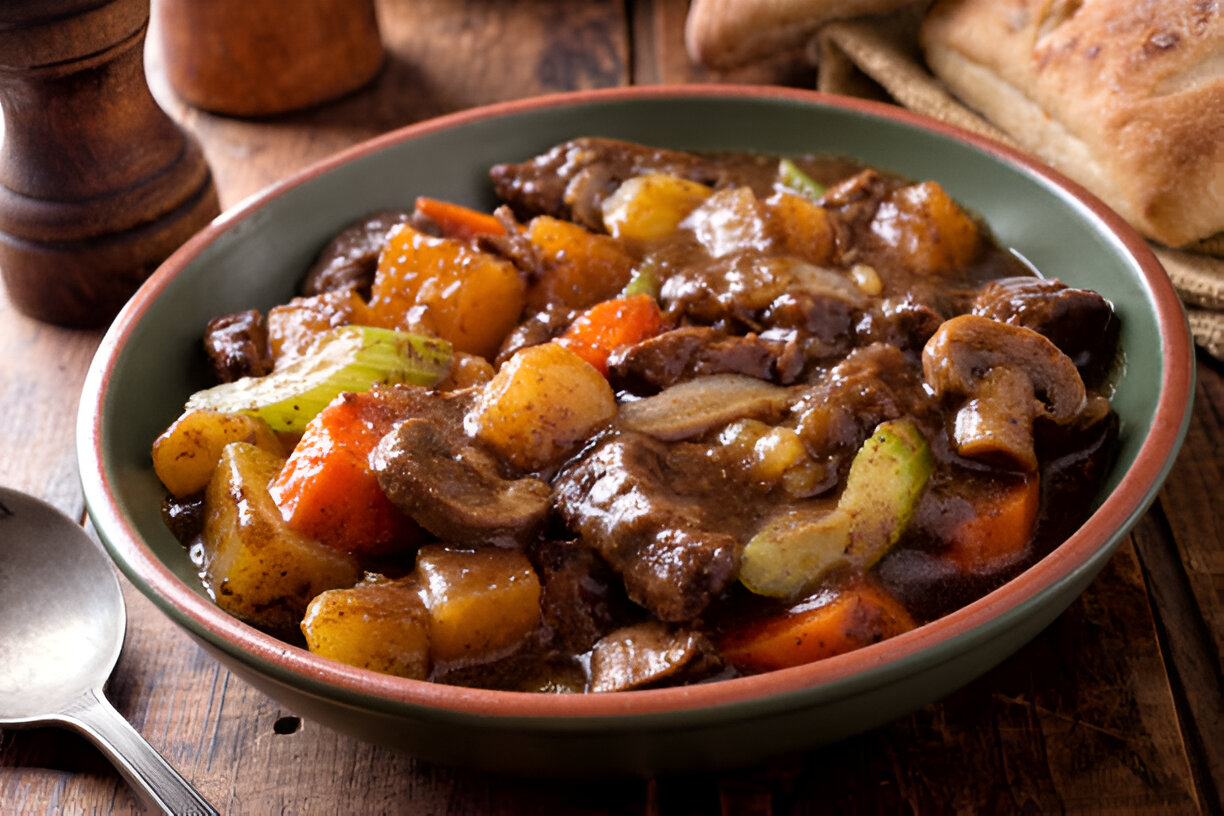 A bowl of hearty beef stew featuring chunks of beef, carrots, celery, mushrooms, and potatoes in a rich brown gravy.