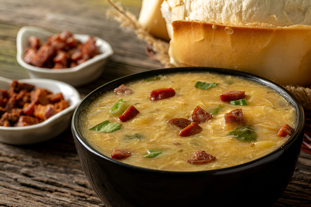 A bowl of savory soup with chopped green onions and pieces of meat, accompanied by crusty bread and additional meat on the side.