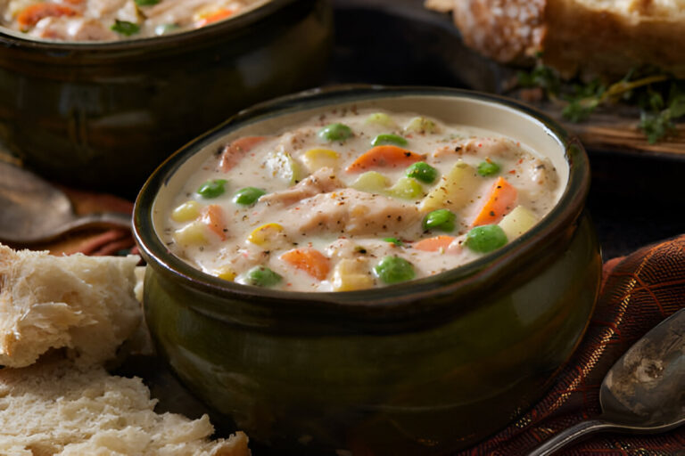 A bowl of creamy chicken soup with vegetables, including peas and carrots, next to pieces of bread on a rustic table.