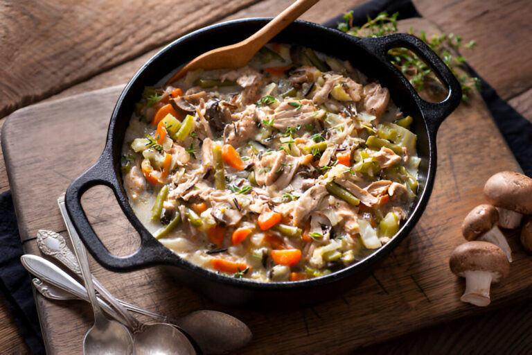 A hearty chicken and vegetable stew in a cast iron pot on a wooden surface.