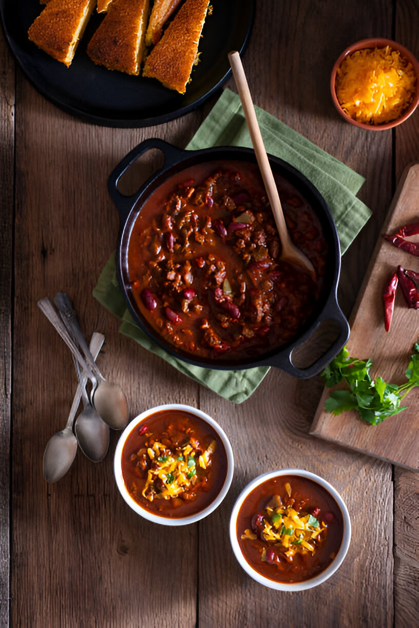 A hearty bowl of chili topped with cheese and green onions, accompanied by slices of cornbread and fresh herbs on a wooden table.