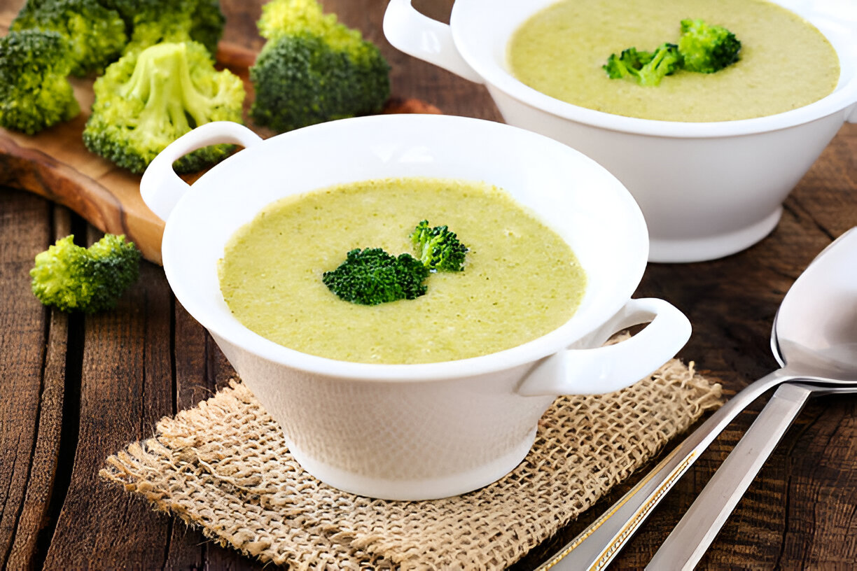 A bowl of creamy broccoli soup garnished with a small piece of broccoli on top, accompanied by fresh broccoli florets on a wooden background.