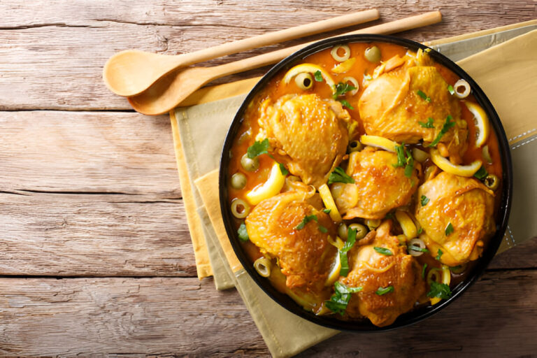 A delicious dish of chicken thighs cooked in a savory sauce with green olives and garnished with fresh herbs, displayed in a black plate on a wooden table.