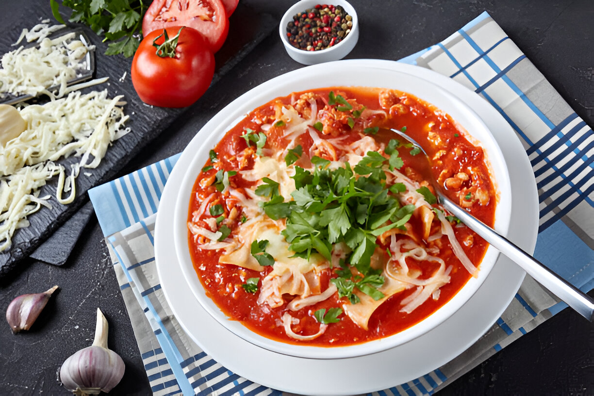 A bowl of lasagna soup garnished with fresh parsley, surrounded by tomatoes, cheese, and garlic.