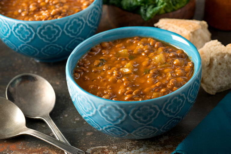 Two vibrant blue bowls filled with hearty lentil soup, accompanied by rustic bread and metal spoons on a textured surface.