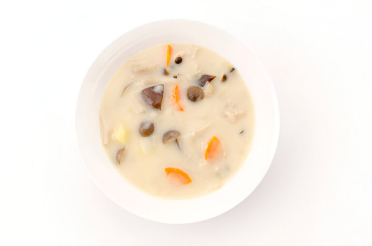 A bowl of creamy soup with ingredients like mushrooms, orange slices, and chunks of meat in a light broth.