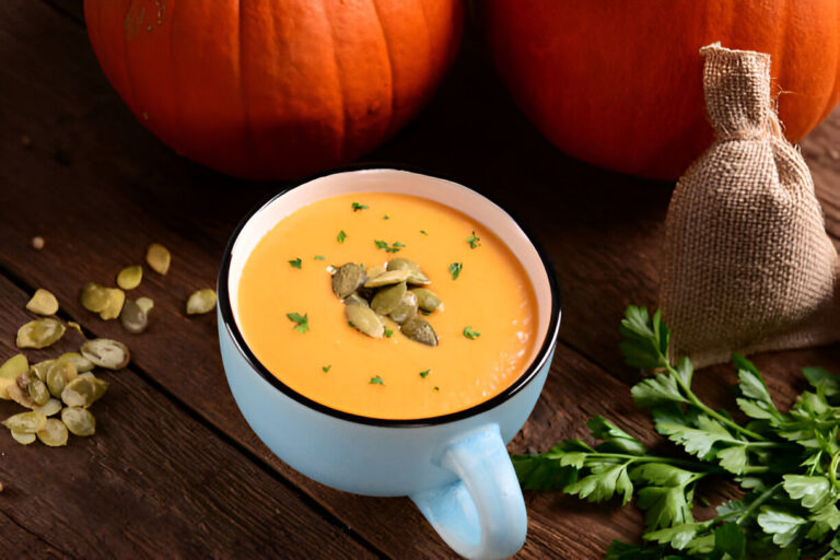 A bowl of creamy pumpkin soup garnished with pumpkin seeds and parsley, with pumpkins and a burlap sack in the background.