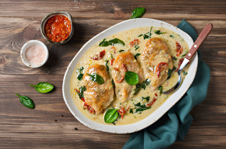 Creamy chicken dish with spinach and sun-dried tomatoes served in a white dish