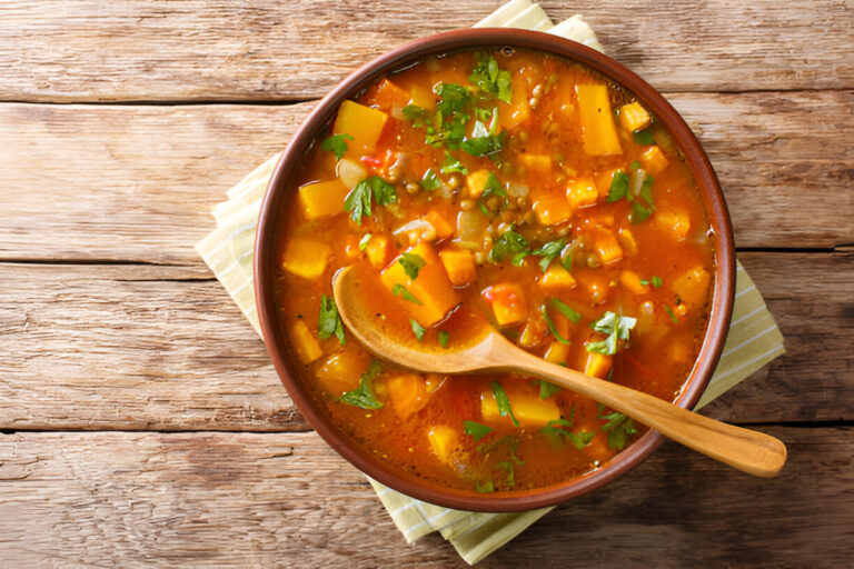 A bowl of vibrant vegetable soup with diced vegetables and herbs on a wooden table.