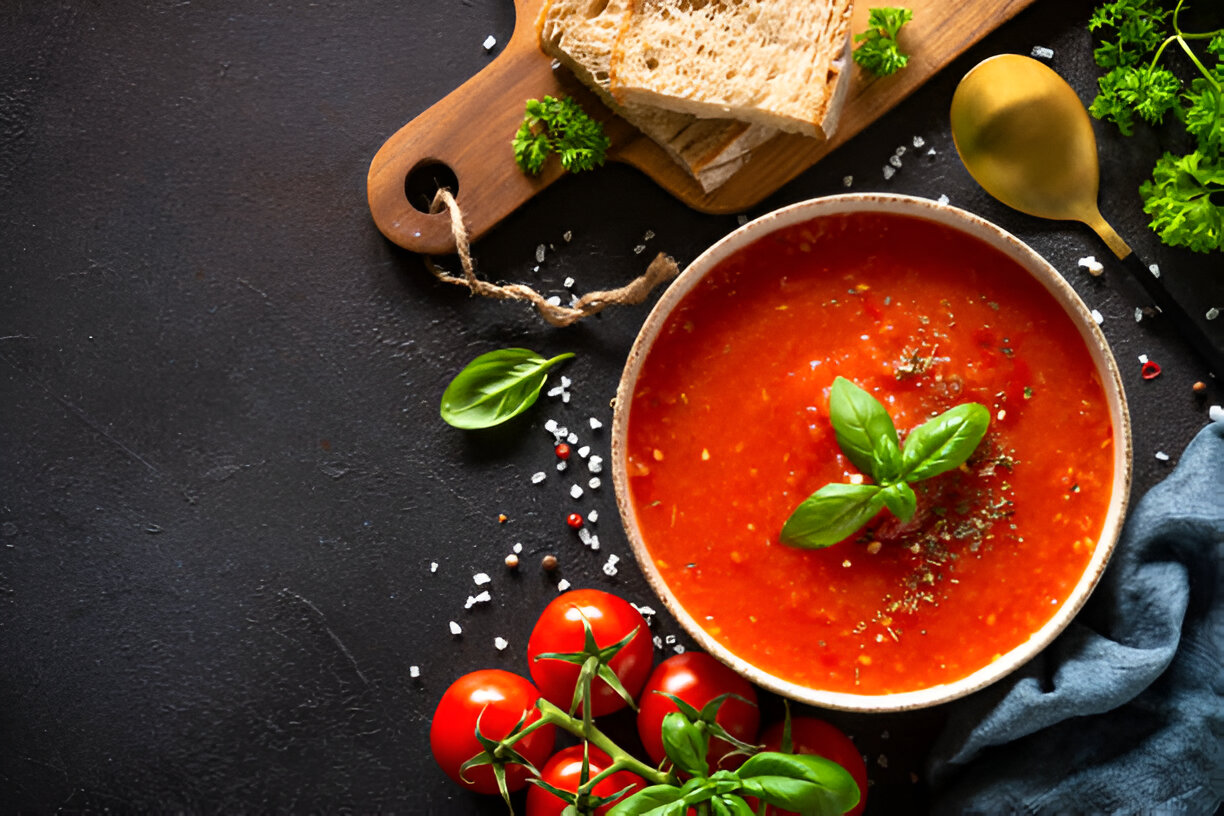 A bowl of red tomato soup garnished with basil leaves, served with slices of bread and fresh tomatoes on the side.