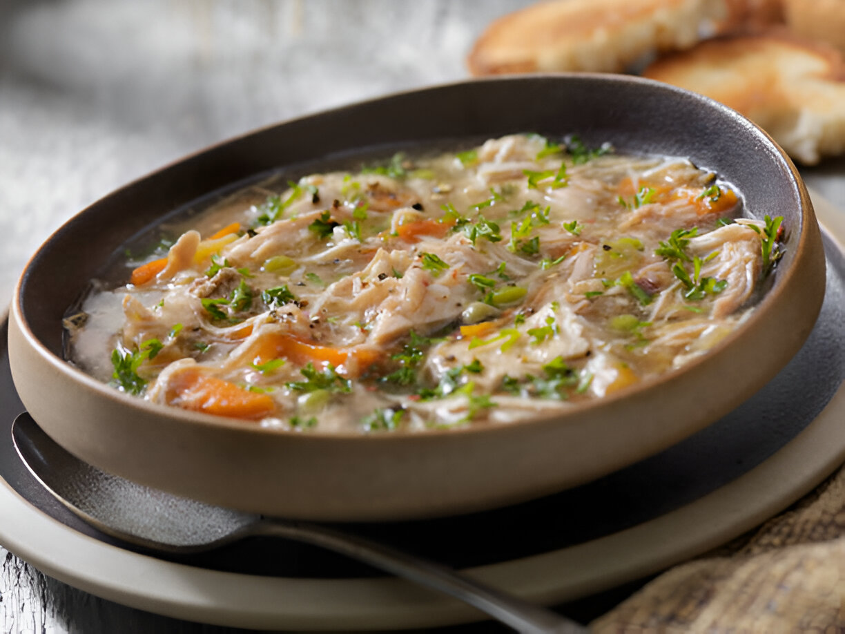 A bowl of chicken soup with shredded chicken, carrots, and herbs garnished on top.