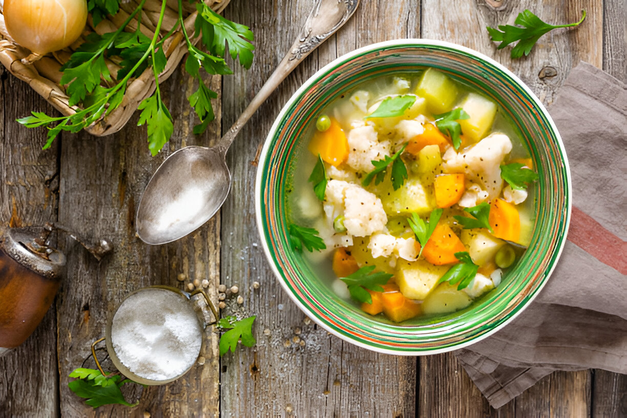 A bowl of vegetable soup with carrots, peas, and parsley on a rustic wooden table.