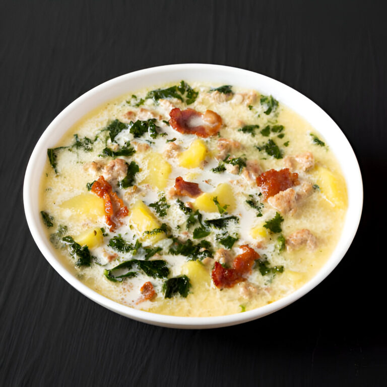 A bowl of creamy soup with kale, potatoes, and bacon bits.