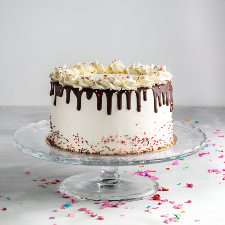 A beautifully decorated cake with chocolate ganache and colorful sprinkles on a glass cake stand.