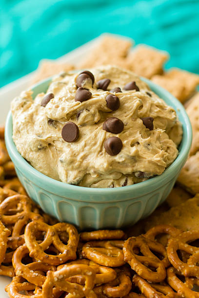 A bowl of chocolate chip cookie dough dip surrounded by pretzels and graham crackers.