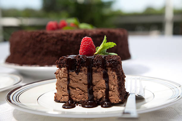 A slice of chocolate cake drizzled with chocolate sauce, topped with a raspberry and mint leaf, served on a white plate.