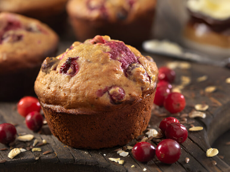 Freshly baked cranberry muffins with scattered cranberries and oats on a wooden surface