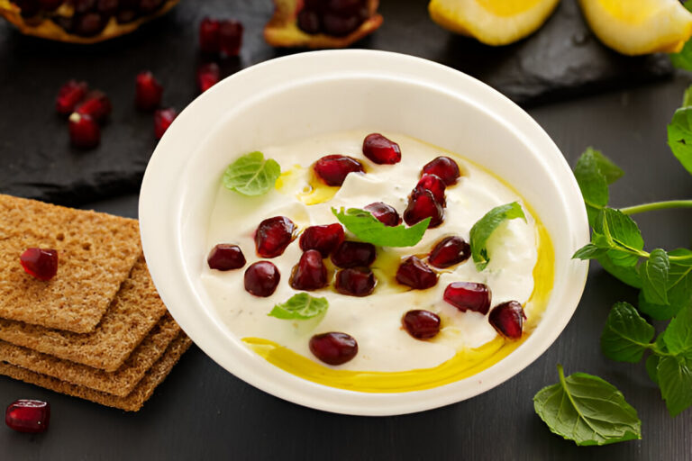 A bowl of creamy yogurt topped with pomegranate seeds and a drizzle of olive oil, surrounded by mint leaves and crisp bread.