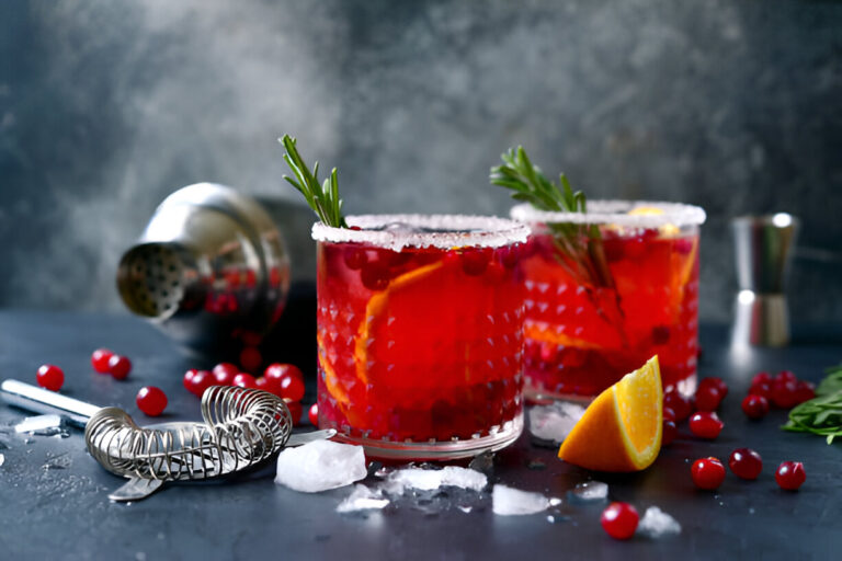 Two colorful cocktails adorned with cranberries and garnished with rosemary, sitting on a dark surface with ice and citrus elements.