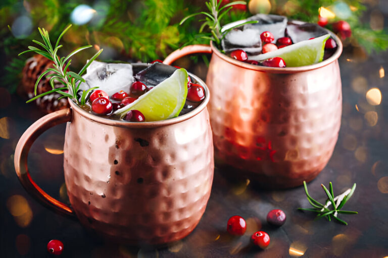 Two copper mugs filled with a dark beverage garnished with lime, cranberries, and rosemary, on a blurred festive background.