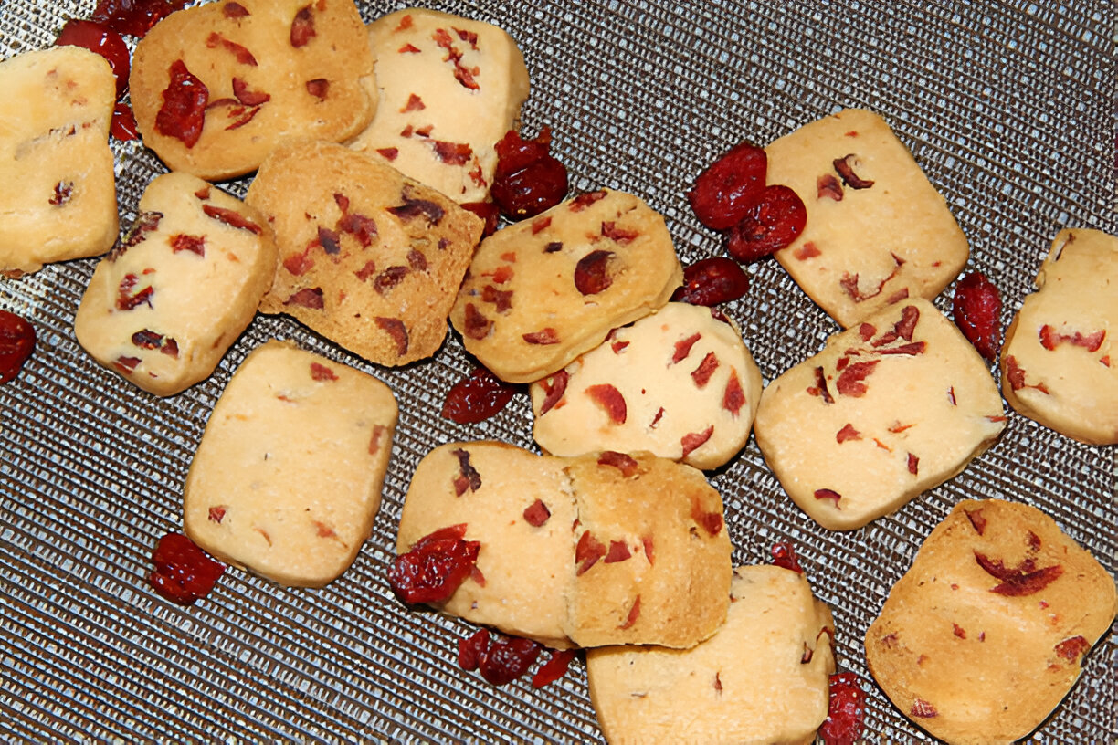 A spread of cookies with cranberries scattered on a textured surface.