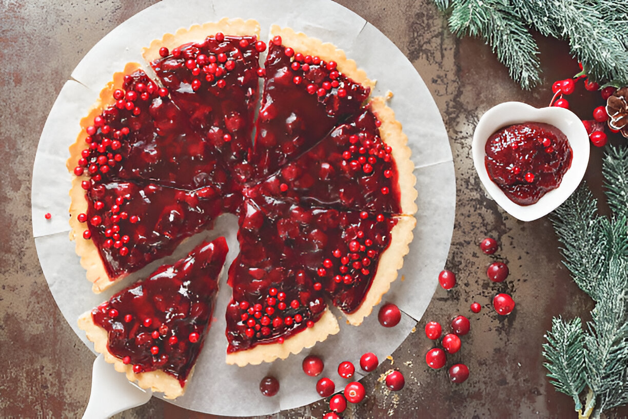 A delicious berry tart with a glossy red fruit topping and a slice cut out, surrounded by fresh cranberries and green pine branches.