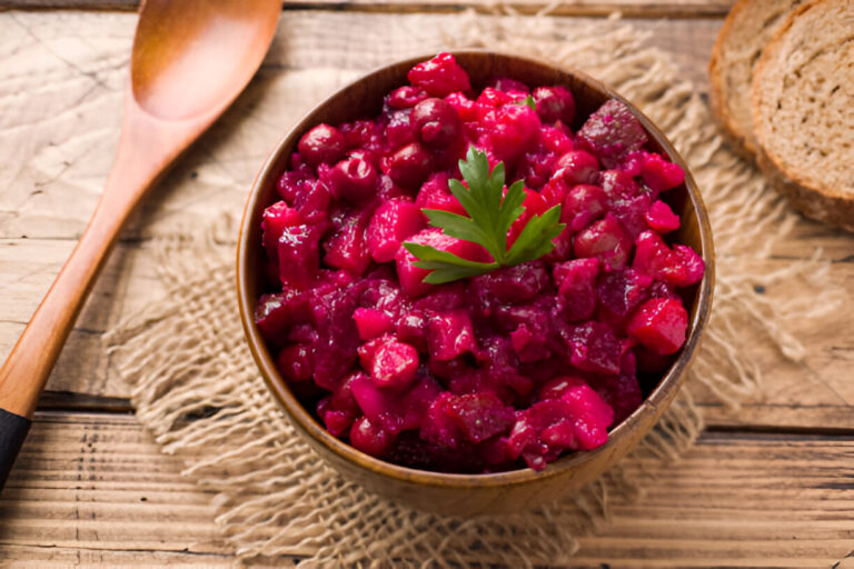 A bowl of vibrant pink beet salad garnished with a sprig of parsley, accompanied by slices of brown bread on a wooden surface.